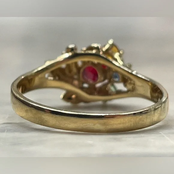 Vintage Gold plated MultiGemstone Ring 7 Ruby Red Citrine Blue Green Leaf Design - Picture 4 of 13